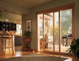 Kitchen with wood flooring, bar stools, and wood sliding patio doors.